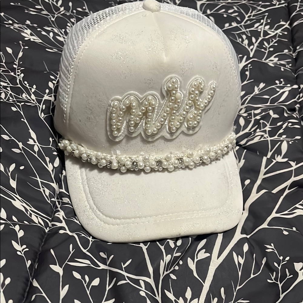Elegant White 'Mrs' Cap with Pearl Accents